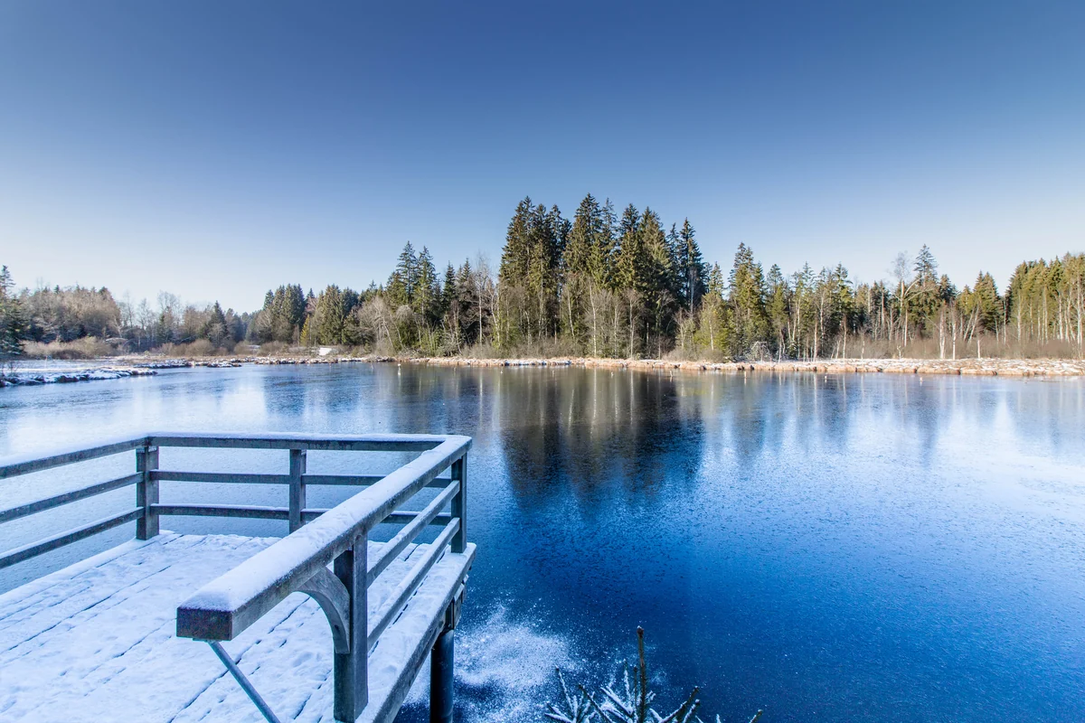 Verschneiter Steg am Lindenberger Waldsee im Winter
